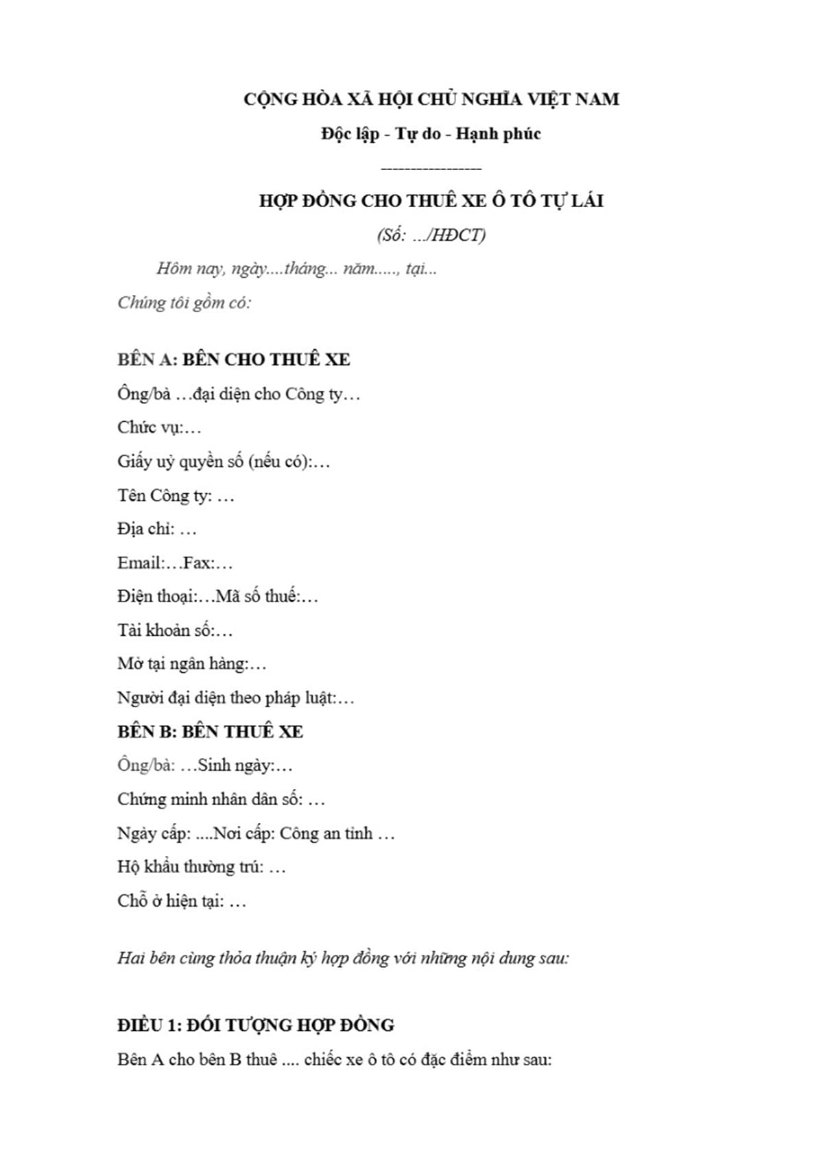 Hợp đồng thuê xe cho cá nhân