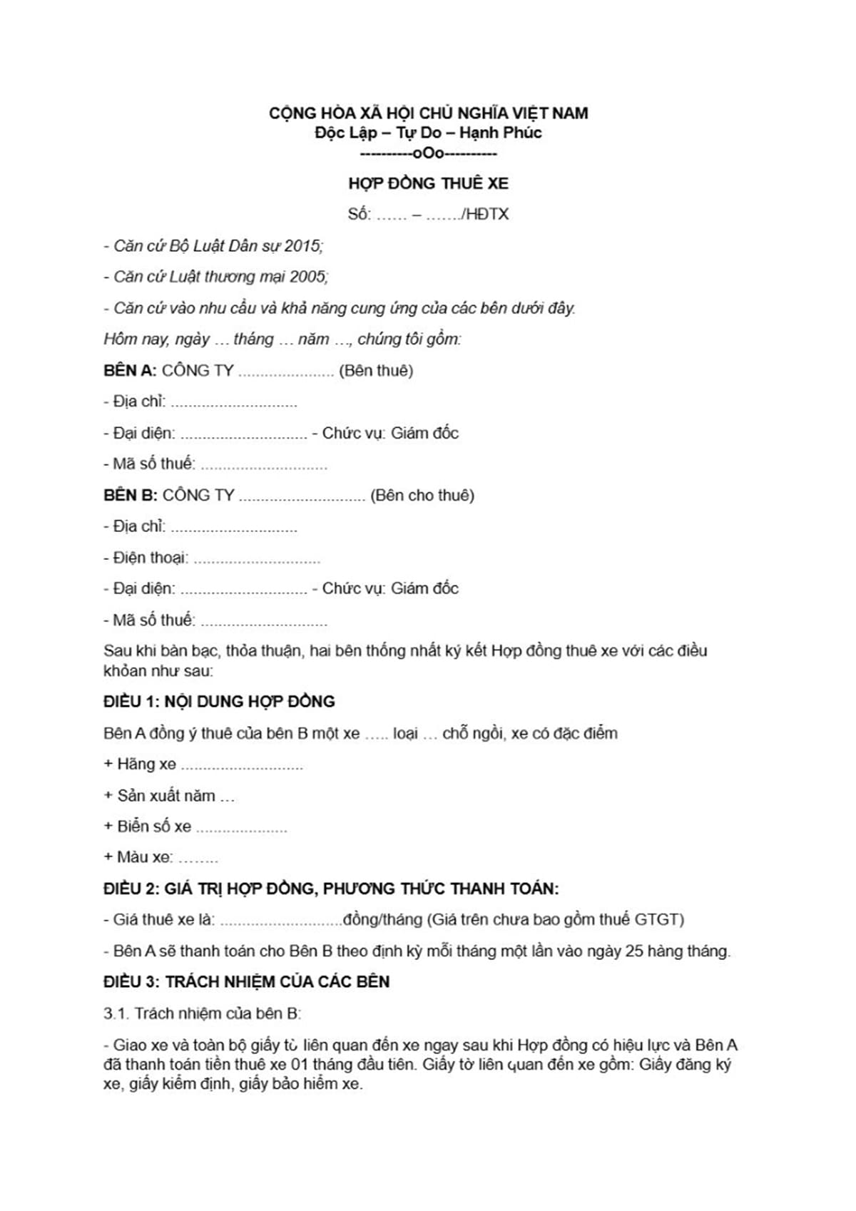 Hợp đồng thuê xe cho doanh nghiệp