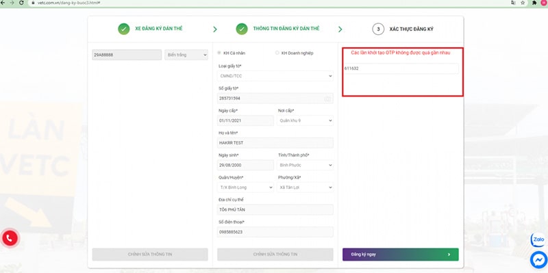 Đăng ký thu phí tự động VETC trực tuyến trên website