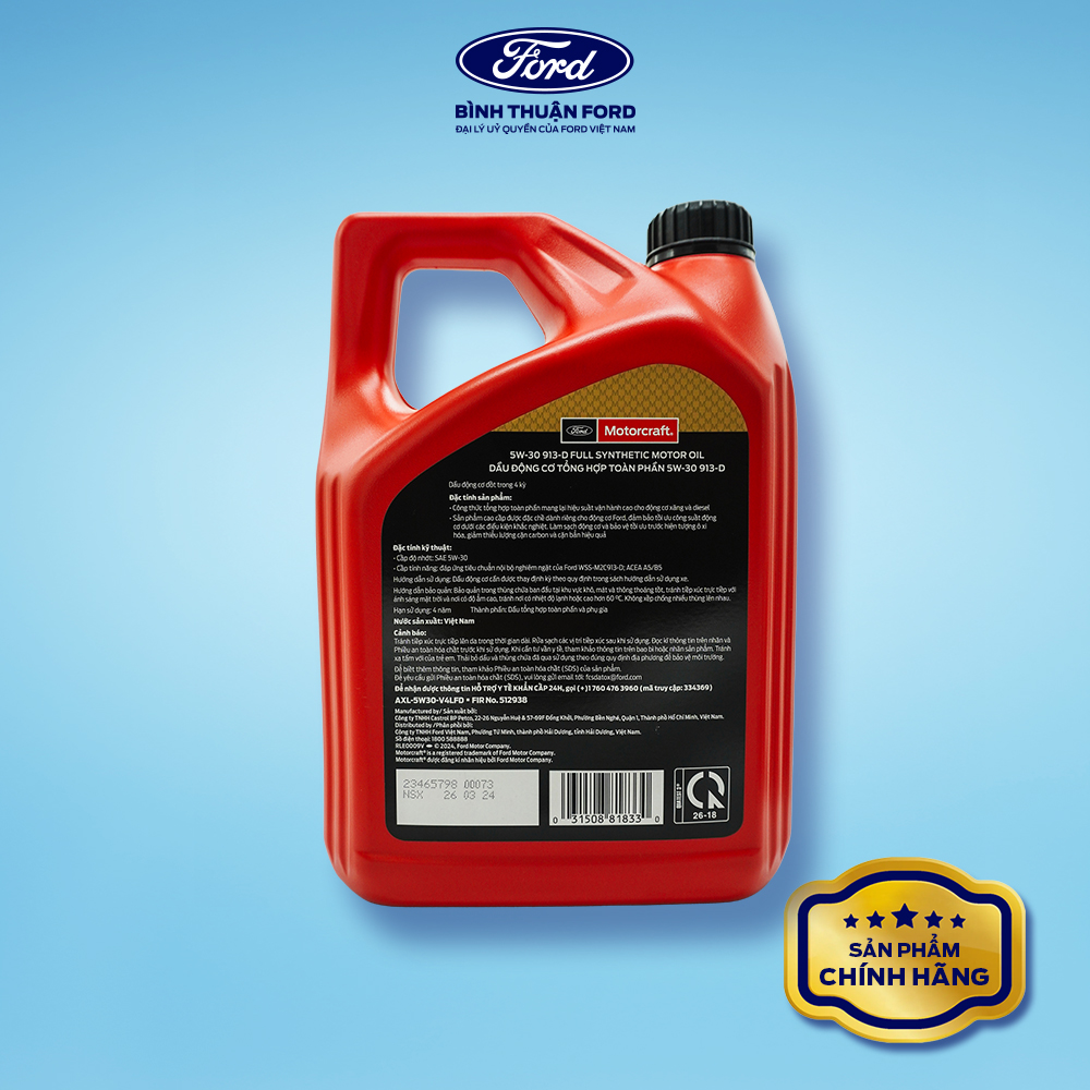 Hình ảnh xe Dầu Nhớt Động Cơ Tổng Hợp Toàn Phần 4L | Motorcraft 5W-30 913-D – Bôi Trơn Tối Ưu, Bảo Vệ Động Cơ