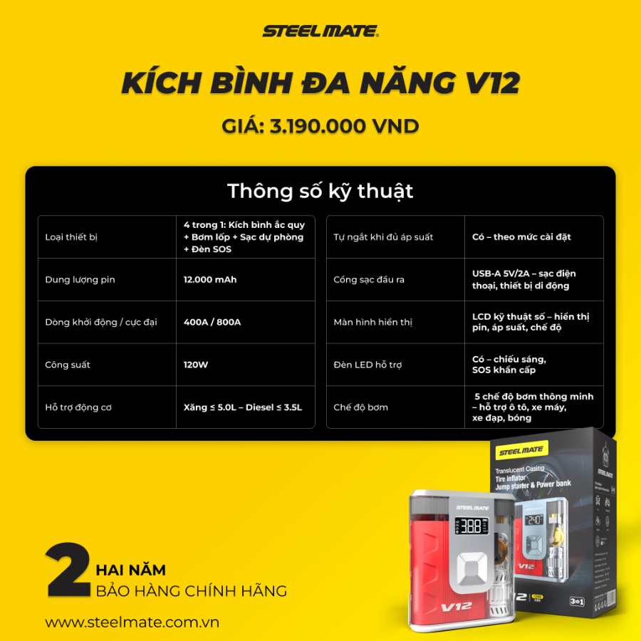 Hình ảnh xe Kích bình - Bơm lốp ô tô đa năng STEELMATE V12